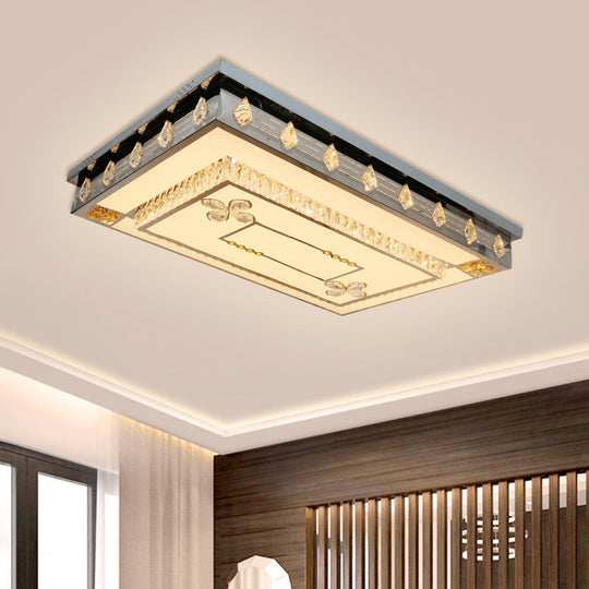 Modern Rectangular Ceiling Fixture with Clear Crystal Blocks – LED Flush Mount Lamp in Stainless Steel