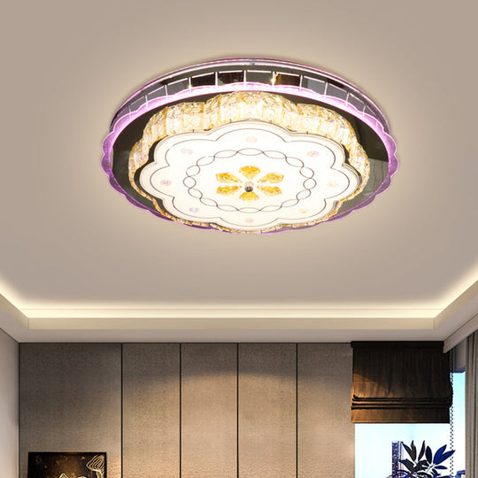 Modern Crystal Block LED Flush Ceiling Lamp in Stainless Steel with Floral Design