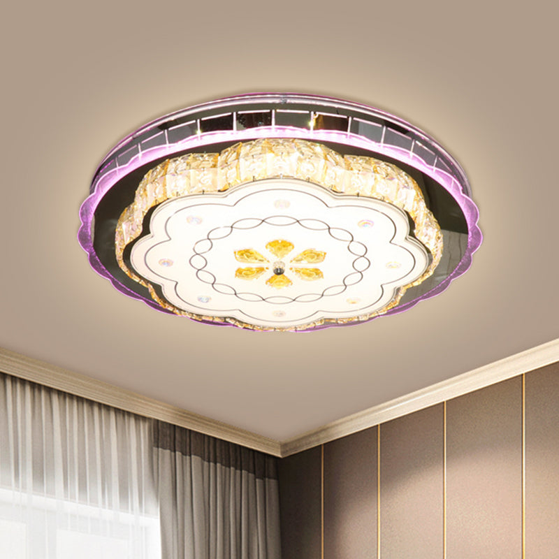 Modern Crystal Block LED Flush Ceiling Lamp in Stainless Steel with Floral Design