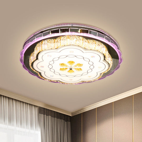 Modern Crystal Block Led Flush Ceiling Lamp In Stainless Steel With Floral Design