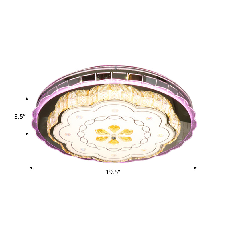 Modern Crystal Block Led Flush Ceiling Lamp In Stainless Steel With Floral Design
