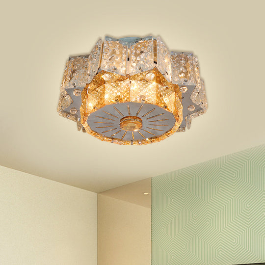 Modern LED Flush Mount Light Fixture with Clear Crystal Blocks in Nickel - Twelve-Pointed Star Design