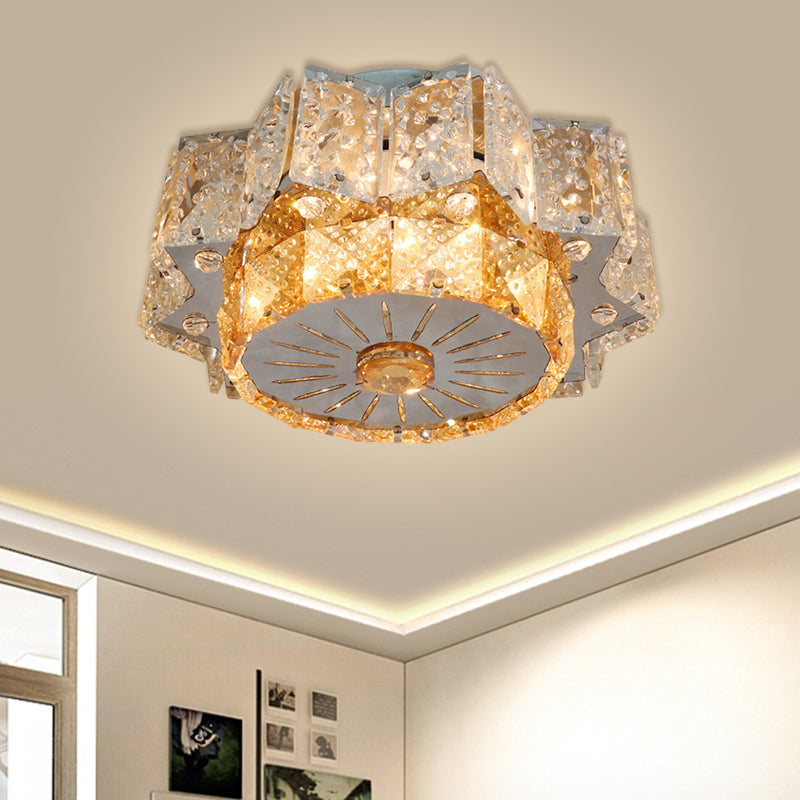 Modern LED Flush Mount Light Fixture with Clear Crystal Blocks in Nickel - Twelve-Pointed Star Design