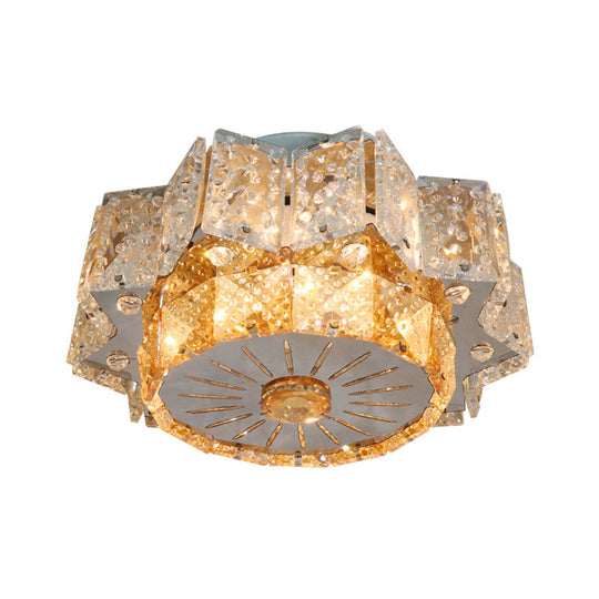 Modern LED Flush Mount Light Fixture with Clear Crystal Blocks in Nickel - Twelve-Pointed Star Design