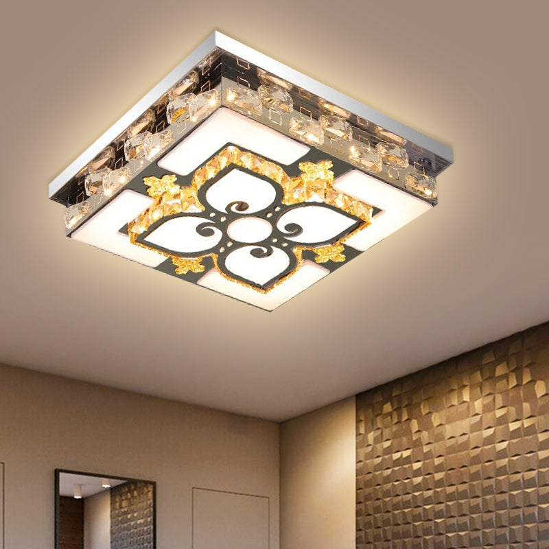 Contemporary Clear Crystal Flush Light LED Ceiling Lighting in Nickel for Square Drawing Room