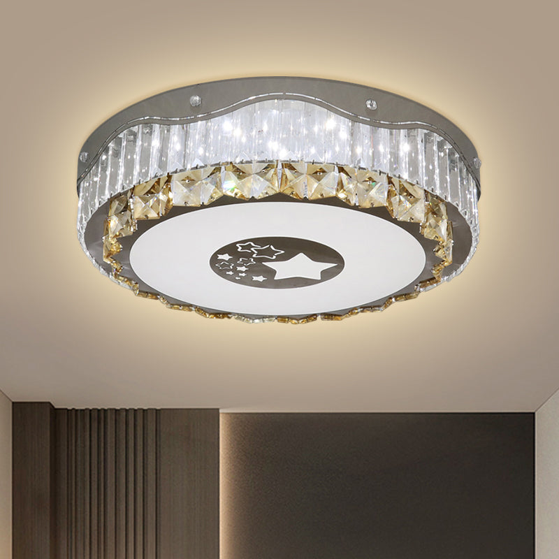 Modern LED Stainless-Steel Flush Mount Ceiling Light with Clear Crystal Blocks- Bedroom Ready