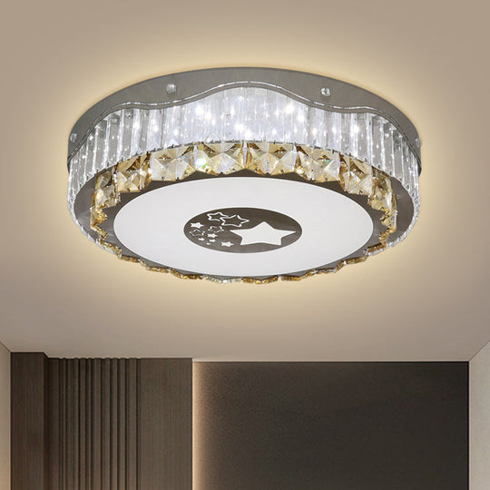 Modern LED Stainless-Steel Flush Mount Ceiling Light with Clear Crystal Blocks- Bedroom Ready