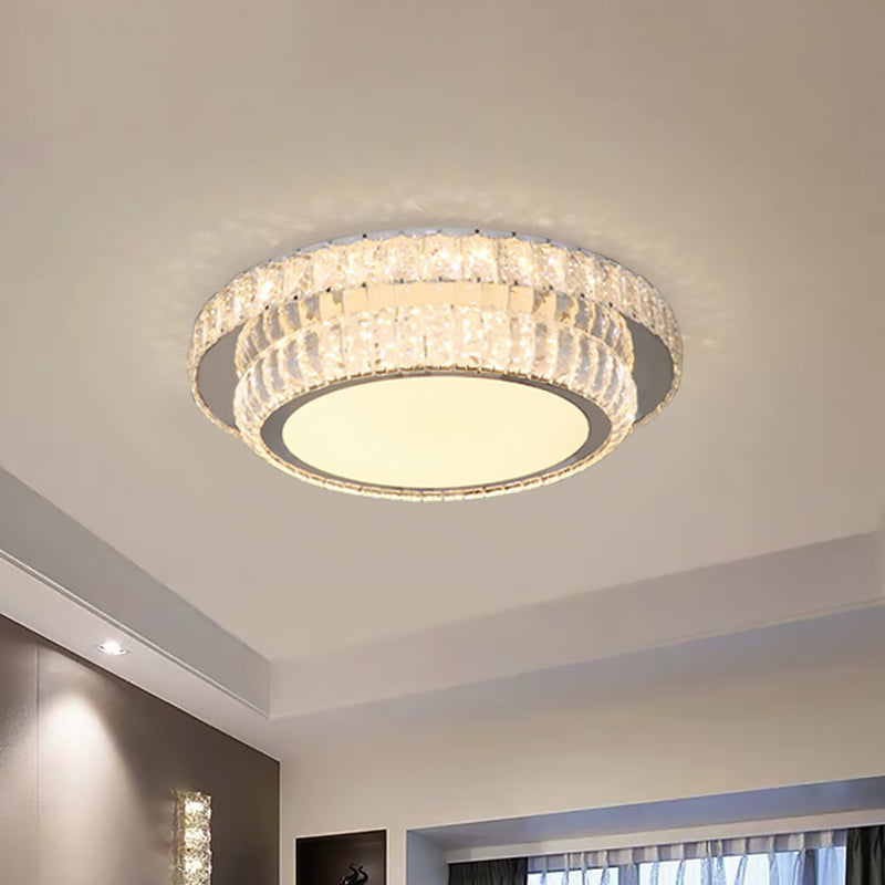 Contemporary Led Crystal Flush Mount Fixture With 2-Tier Circular Design In Nickel Finish