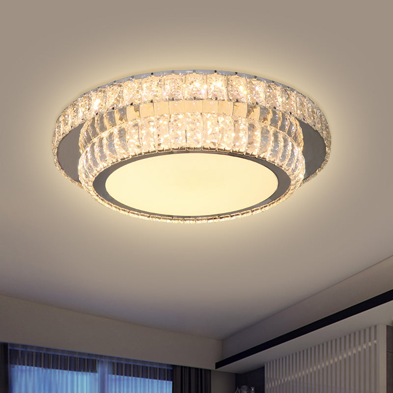 Contemporary LED Crystal Flush Mount Fixture with 2-Tier Circular Design in Nickel Finish