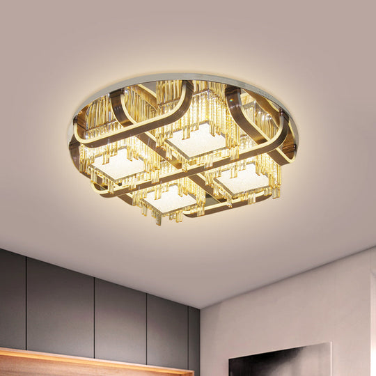 Modern LED Circle Flush Stainless-Steel Rectangular-Cut Crystal Ceiling Lamp with Cubic Shade