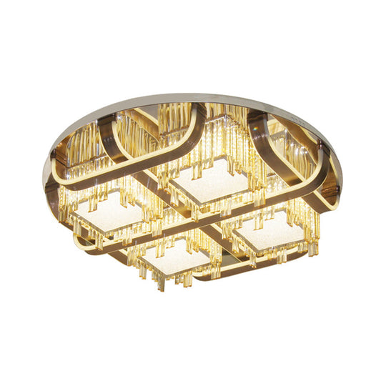 Modern LED Circle Flush Stainless-Steel Rectangular-Cut Crystal Ceiling Lamp with Cubic Shade