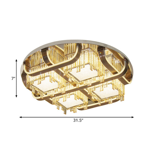 Modern LED Circle Flush Stainless-Steel Rectangular-Cut Crystal Ceiling Lamp with Cubic Shade