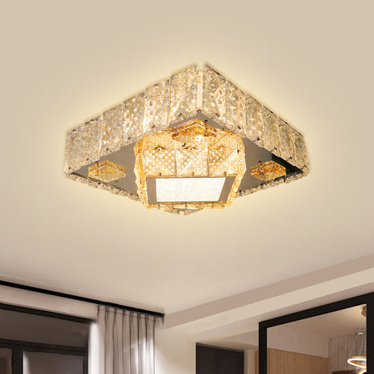 Clear Crystal LED Flush Mount Light Fixture with Modern Square Stainless-Steel Design