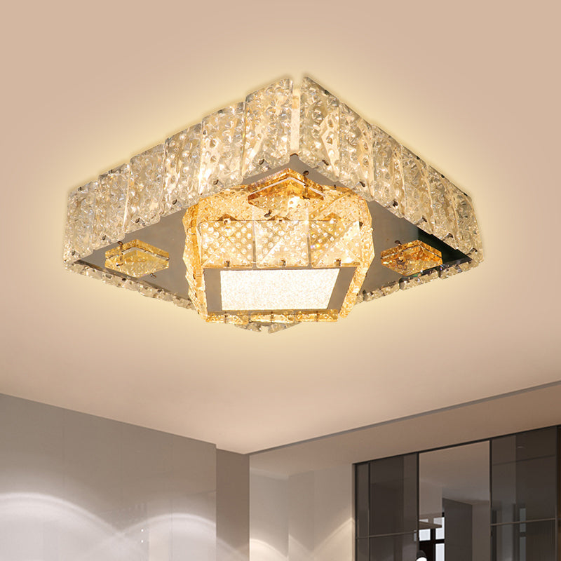 Clear Crystal LED Flush Mount Light Fixture with Modern Square Stainless-Steel Design