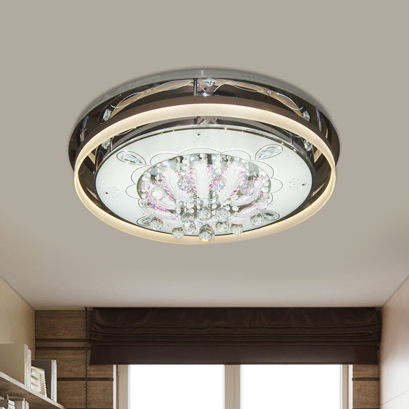 Modern Drum Led Flush Ceiling Light With Clear Crystal Draping - 23.5/31.5 Wide Stainless-Steel