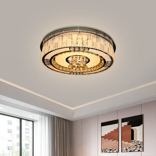 Contemporary Stainless-Steel Drum Flushmount LED Ceiling Light with Crystal Blocks