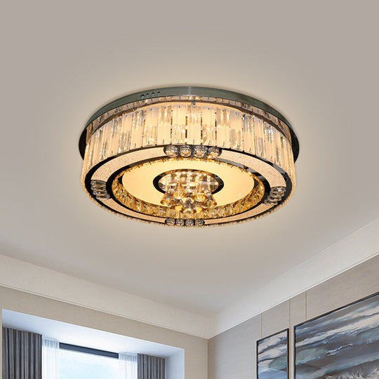 Contemporary Stainless-Steel Drum Flushmount LED Ceiling Light with Crystal Blocks