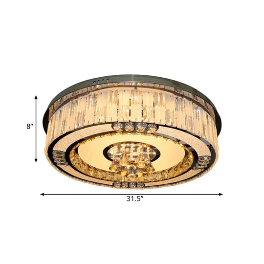 Contemporary Stainless-Steel Drum Flushmount LED Ceiling Light with Crystal Blocks