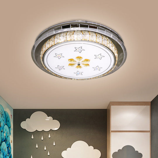 Stainless-Steel LED Flush Light Fixture with Clear Faceted Crystal Blocks - Modern Circular Ceiling Mount