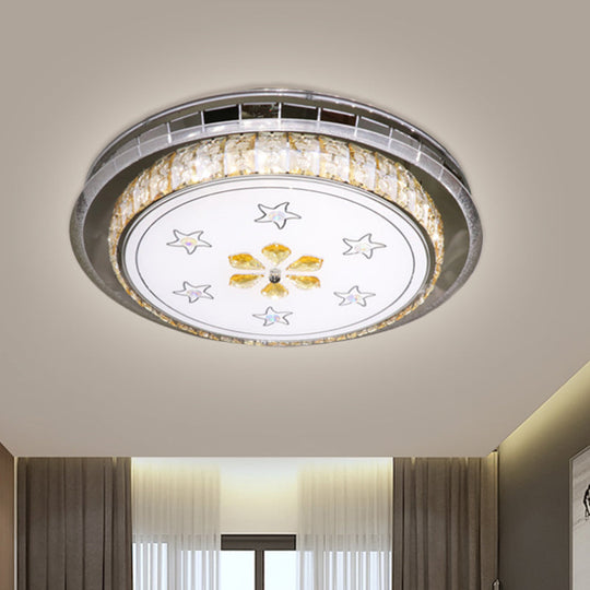 Stainless-Steel LED Flush Light Fixture with Clear Faceted Crystal Blocks - Modern Circular Ceiling Mount