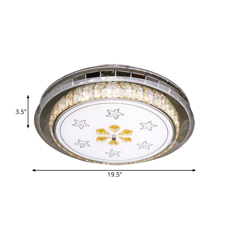 Stainless-Steel LED Flush Light Fixture with Clear Faceted Crystal Blocks - Modern Circular Ceiling Mount