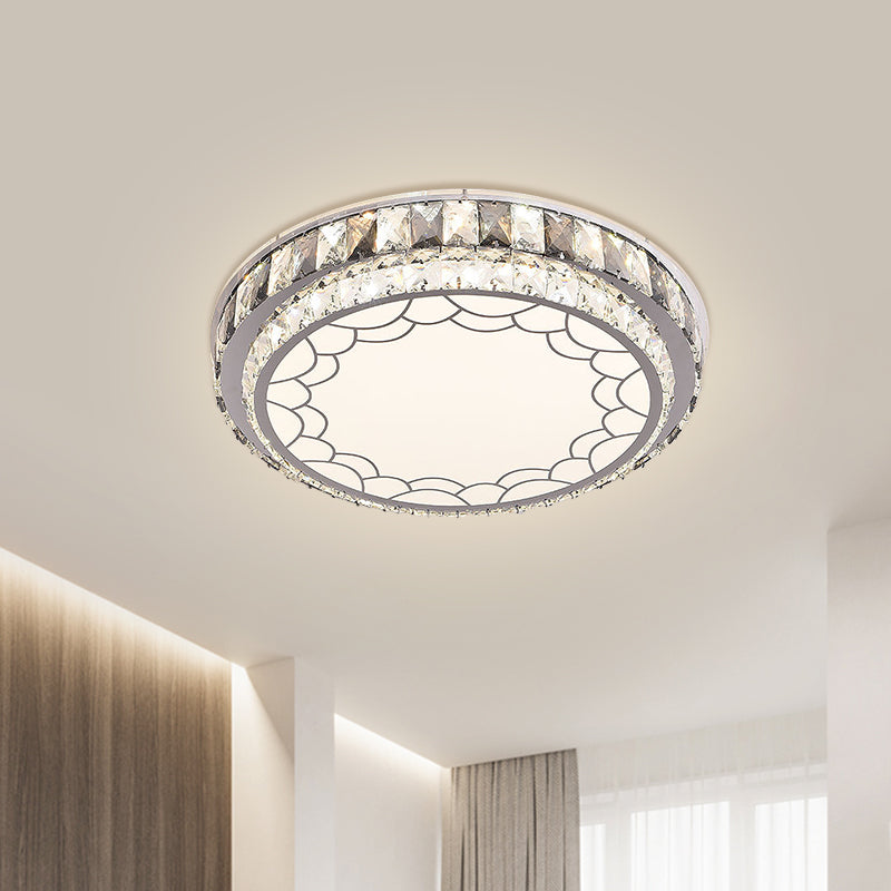 Modern LED Stainless-Steel Flushmount Light Fixture with Clear Faceted Crystal Blocks and Flower/Cloud Pattern