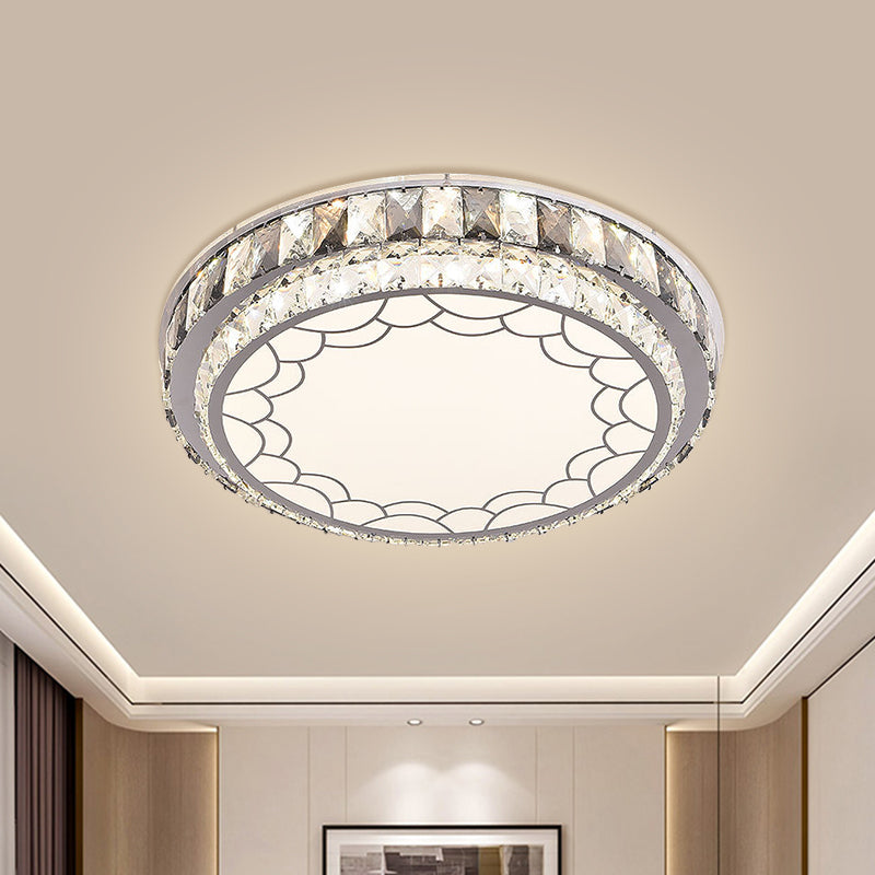 Modern LED Stainless-Steel Flushmount Light Fixture with Clear Faceted Crystal Blocks and Flower/Cloud Pattern