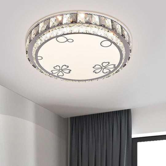 Modern LED Stainless-Steel Flushmount Light Fixture with Clear Faceted Crystal Blocks and Flower/Cloud Pattern