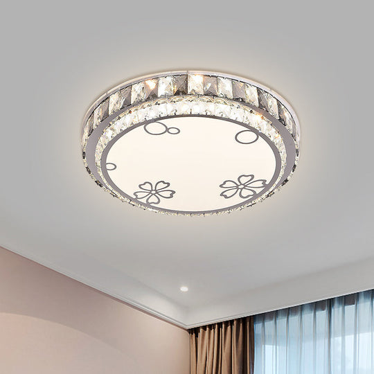 Modern LED Stainless-Steel Flushmount Light Fixture with Clear Faceted Crystal Blocks and Flower/Cloud Pattern