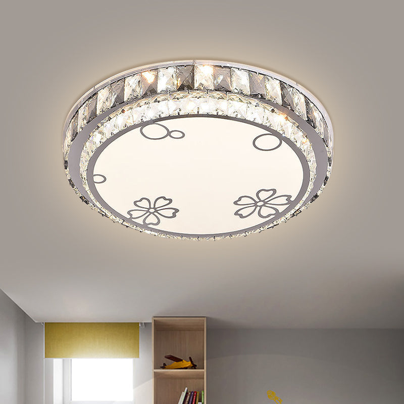 Modern LED Stainless-Steel Flushmount Light Fixture with Clear Faceted Crystal Blocks and Flower/Cloud Pattern