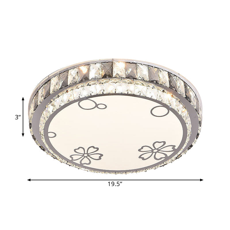 Modern LED Stainless-Steel Flushmount Light Fixture with Clear Faceted Crystal Blocks and Flower/Cloud Pattern