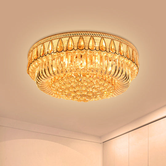 Modern Gold Drum Flush Mount Ceiling Light with 7 Clear Crystal Orbs - Ideal for Living Room