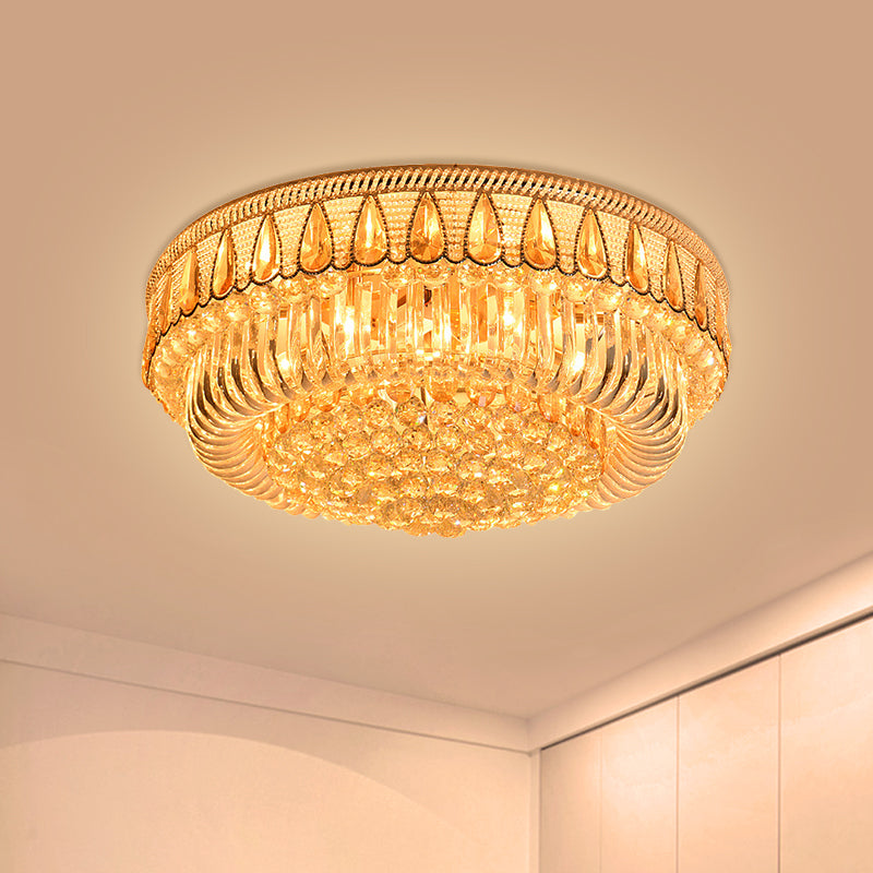 Modern Gold Drum Flush Mount Ceiling Light With 7 Clear Crystal Orbs - Ideal For Living Room