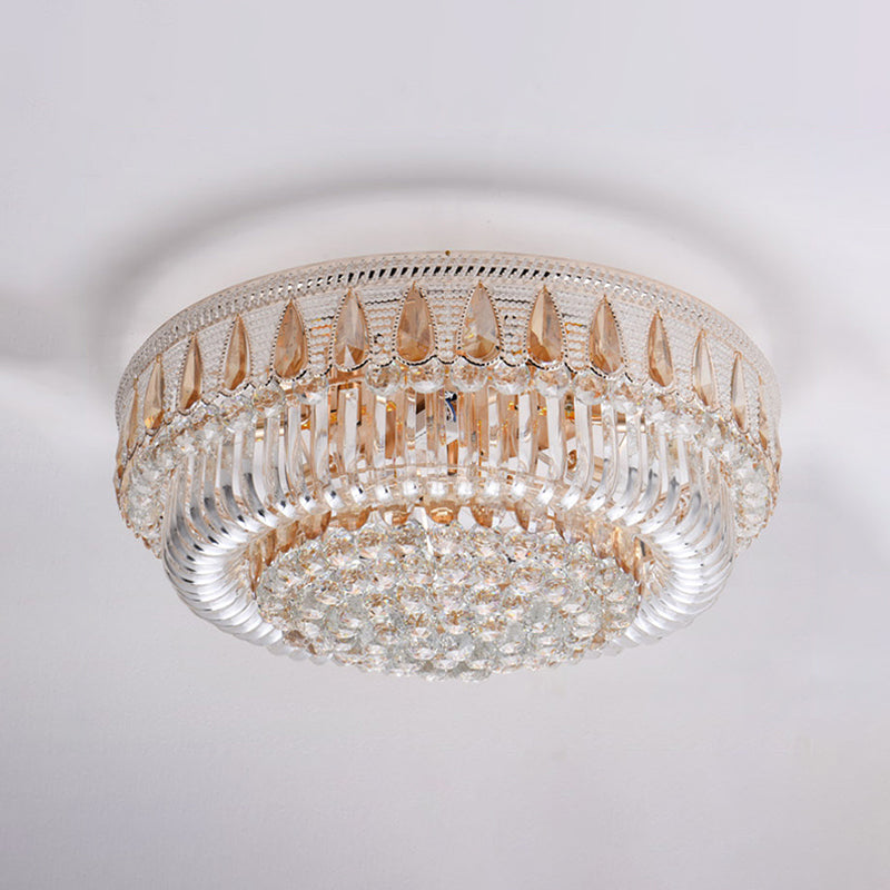 Modern Gold Drum Flush Mount Ceiling Light with 7 Clear Crystal Orbs - Ideal for Living Room