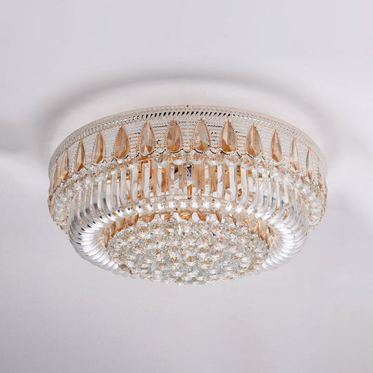 Modern Gold Drum Flush Mount Ceiling Light with 7 Clear Crystal Orbs - Ideal for Living Room