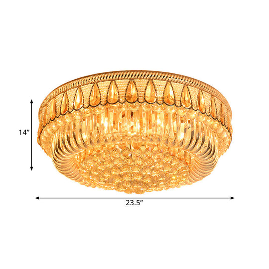 Modern Gold Drum Flush Mount Ceiling Light with 7 Clear Crystal Orbs - Ideal for Living Room