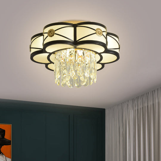 Contemporary Floral Draping Ceiling Lamp - 4/10 Bulbs, Clear Crystal, Black Finish - 16"/28.5" Wide