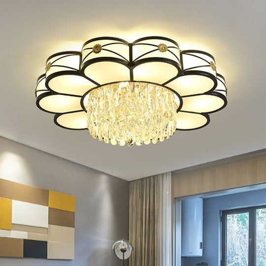 Contemporary Floral Draping Ceiling Lamp - 4/10 Bulbs, Clear Crystal, Black Finish - 16"/28.5" Wide