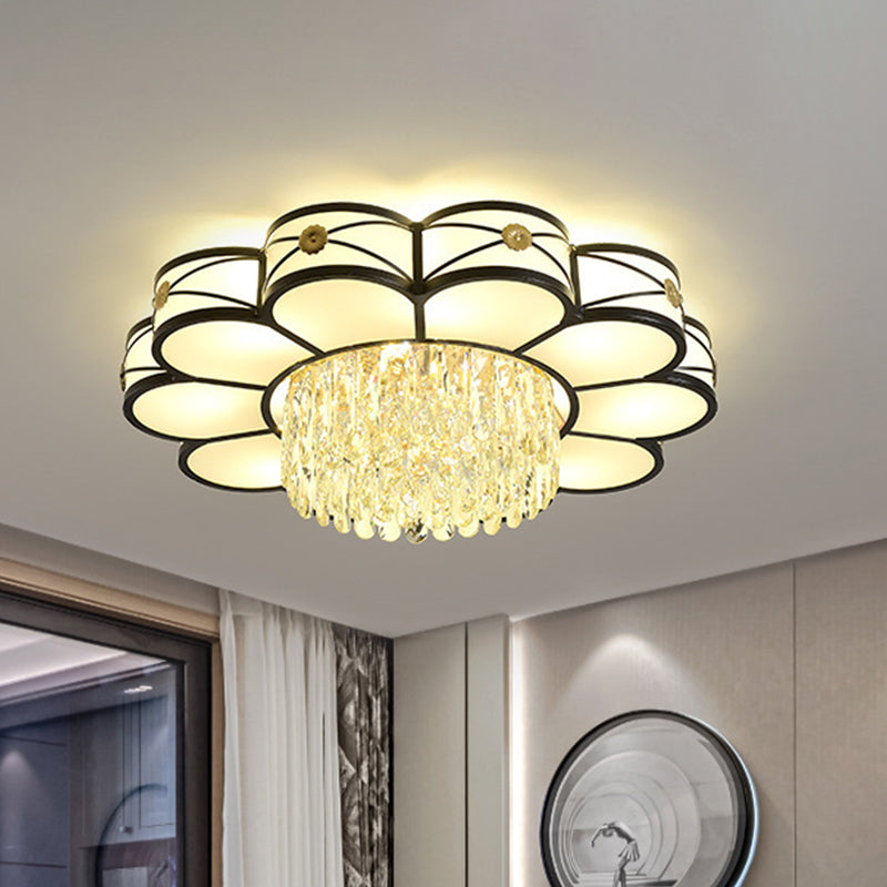 Contemporary Floral Draping Ceiling Lamp - 4/10 Bulbs, Clear Crystal, Black Finish - 16"/28.5" Wide