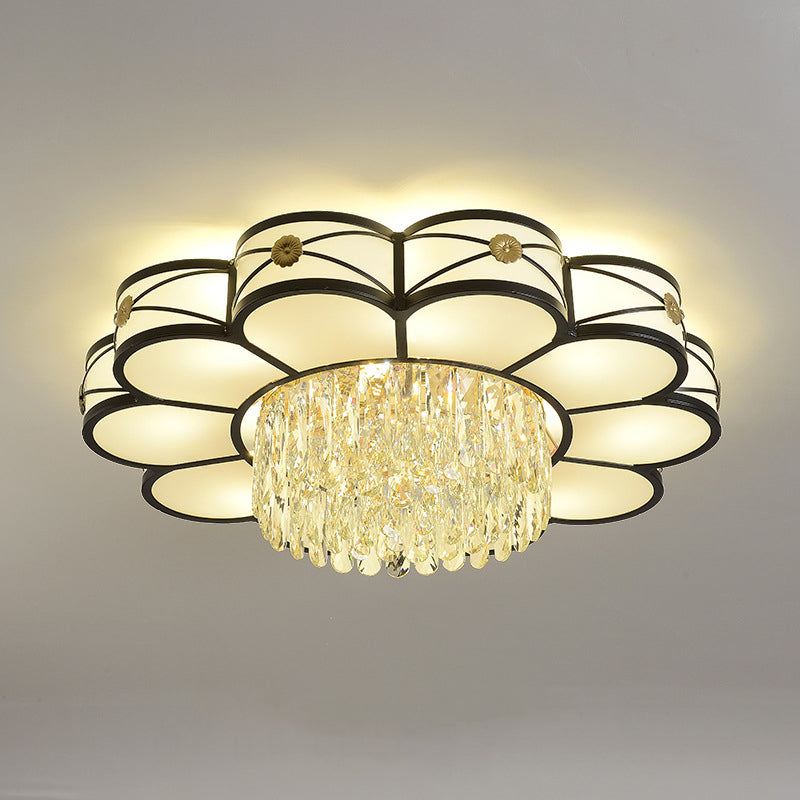 Contemporary Floral Draping Ceiling Lamp - 4/10 Bulbs, Clear Crystal, Black Finish - 16"/28.5" Wide