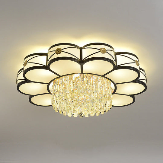 Contemporary Floral Draping Ceiling Lamp - 4/10 Bulbs, Clear Crystal, Black Finish - 16"/28.5" Wide