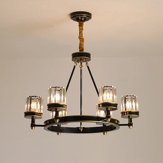 Modern Black Crystal Pendant Lighting Chandelier with Clear Cylinder Shade - 6/8 Heads for Great Rooms