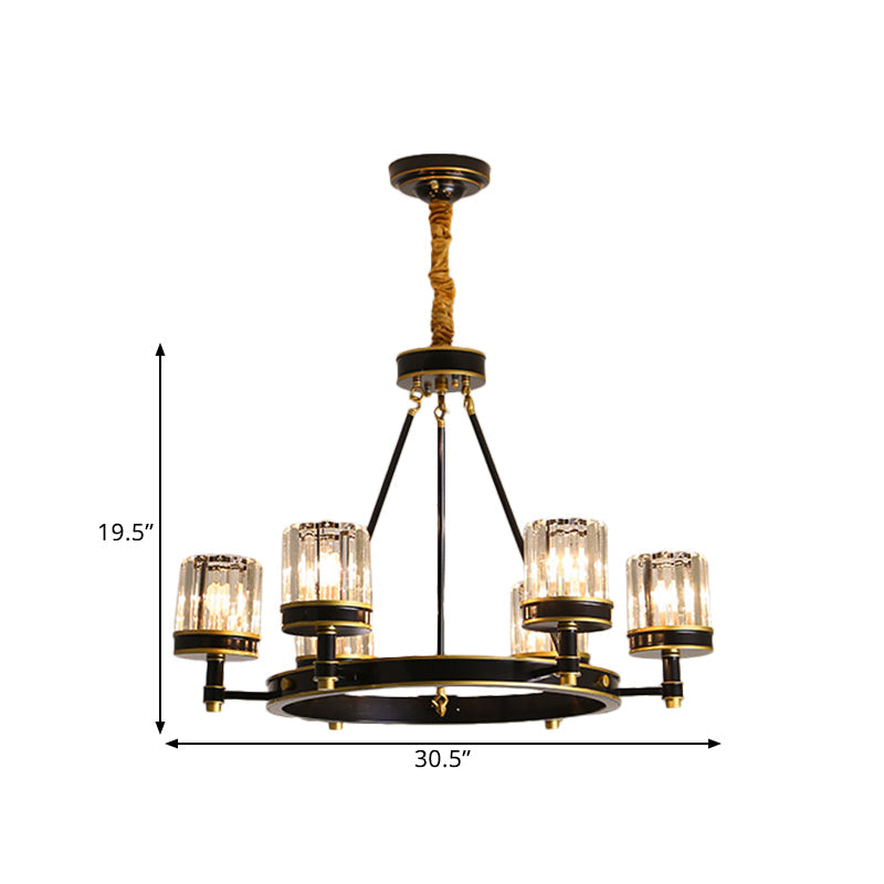 Modern Black Crystal Pendant Lamp - 6/8 Heads Chandelier With Clear Cylinder Shade