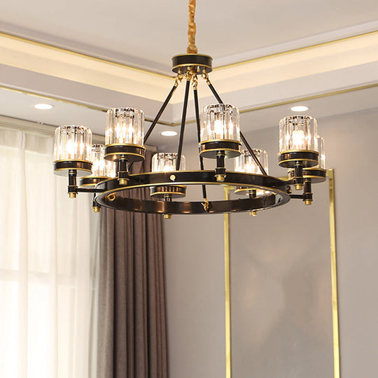 Modern Black Crystal Pendant Lighting Chandelier with Clear Cylinder Shade - 6/8 Heads for Great Rooms