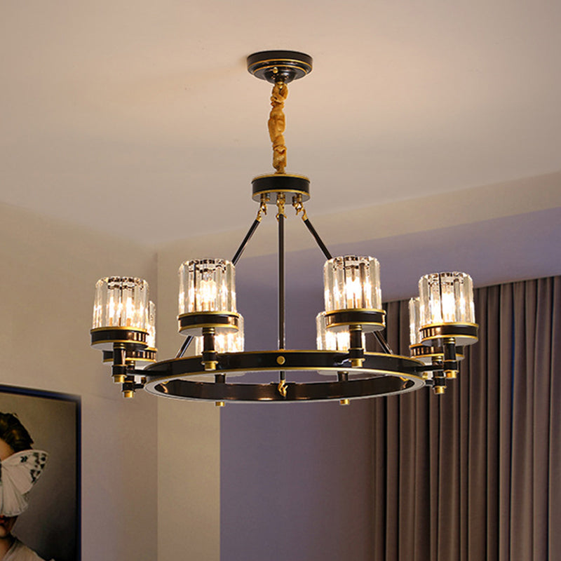 Modern Black Crystal Pendant Lighting Chandelier with Clear Cylinder Shade - 6/8 Heads for Great Rooms