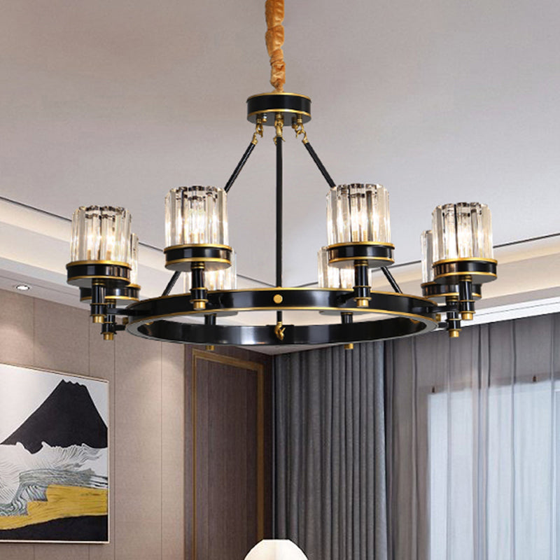 Modern Black Crystal Pendant Lighting Chandelier with Clear Cylinder Shade - 6/8 Heads for Great Rooms