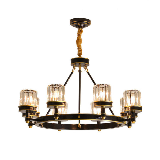 Modern Black Crystal Pendant Lamp - 6/8 Heads Chandelier With Clear Cylinder Shade