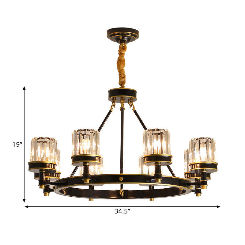 Modern Black Crystal Pendant Lighting Chandelier with Clear Cylinder Shade - 6/8 Heads for Great Rooms