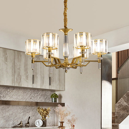 Contemporary Gold Hanging Light Chandelier - Crooked Arm with 6/8 Bulbs, Clear Crystal Shade