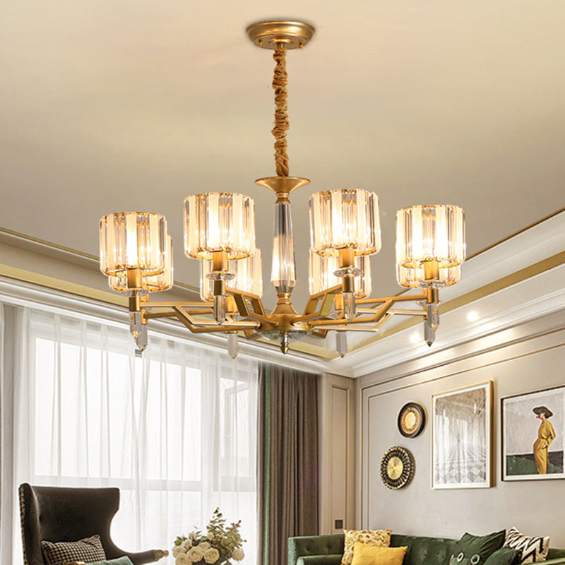 Contemporary Gold Hanging Light Chandelier - Crooked Arm with 6/8 Bulbs, Clear Crystal Shade